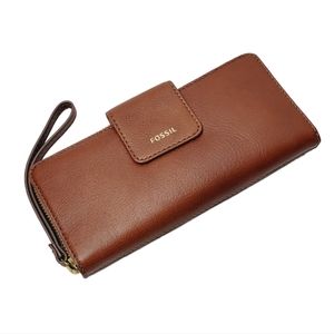 Fossil Madison Bifold Zip Brown Leather Clutch Wallet with Wrist Strap